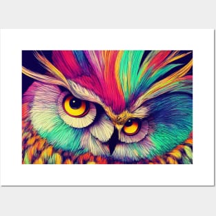 Colorful Abstract Owl Portrait Illustration - Bright Vibrant Colors Bohemian Style Feathers Psychedelic Bird Animal Rainbow Colored Art Posters and Art